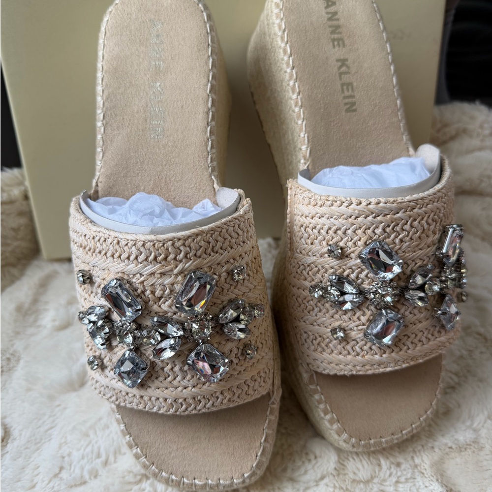 Anne Klein Beige Woven Slide Mules with Crystal Accent